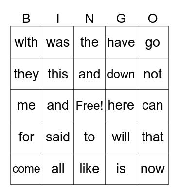 Heart Word Bingo Card