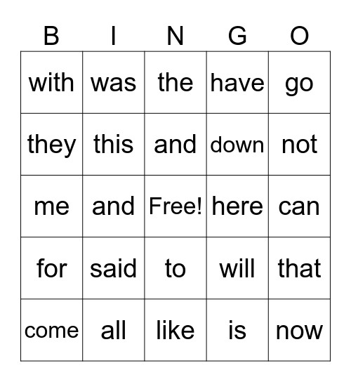 Heart Word Bingo Card