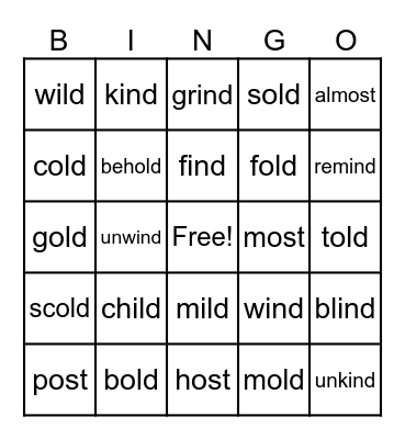 ild, old, ind, ost Bingo Card