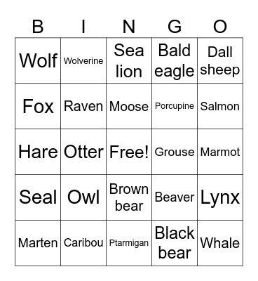 Alaska Wildlife Bingo Card