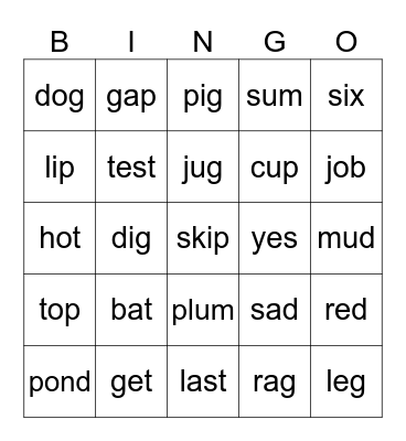 Short Vowel Bingo Card