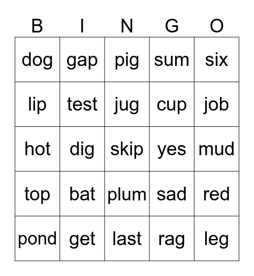 Short Vowel Bingo Card