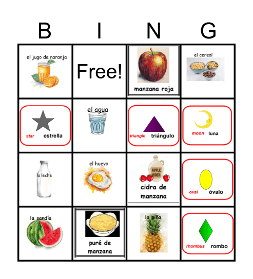 Desayuno, frutas y formas Bingo Card