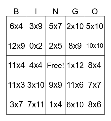 Multiplication Bingo Card