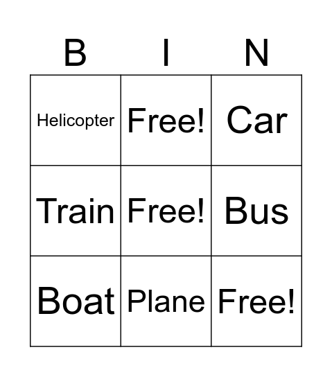 Transportation Bingo Card