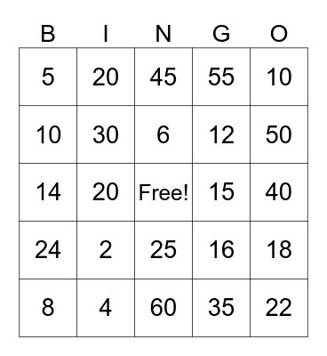 2s and 5s Bingo Card