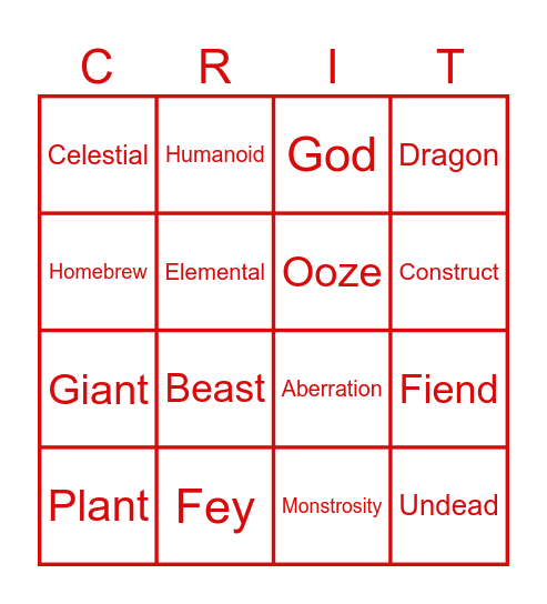 Gourmets & Dragons Bingo Card