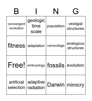 Mrs. Amlung's Review of Evolution & Natural Selection Bingo Card