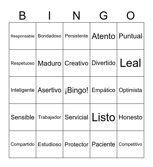 Cualidades positivas Bingo Card