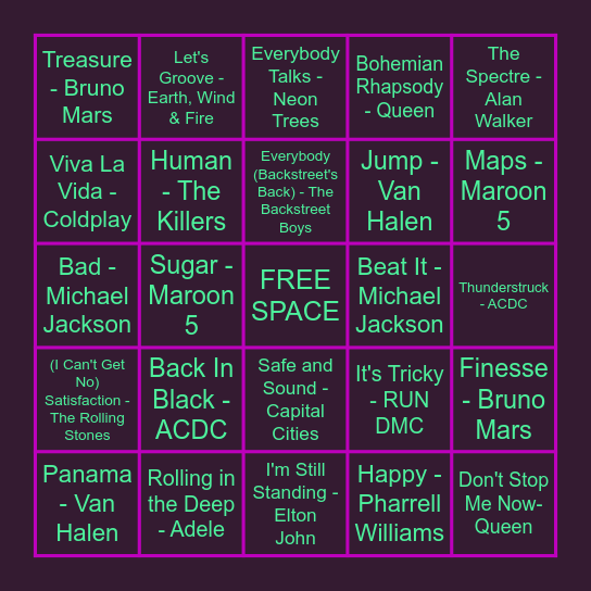 Fortnite Festival Songs Bingo Card