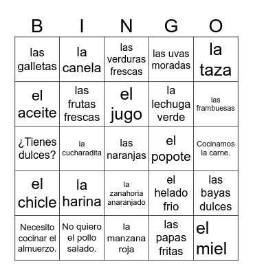 Spanish Food & Verbs Bingo Card