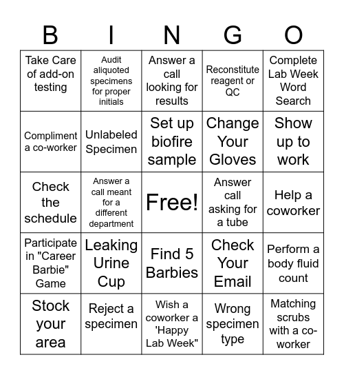 Lab Bingo MLT/MLS/Phlebotomist Bingo Card
