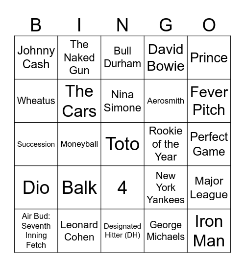 Baseball & Cover Songs Bingo Card