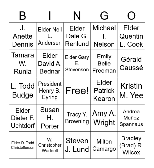 General Authorities of the Church of Jesus Christ of Latter-Day Saints Bingo Card