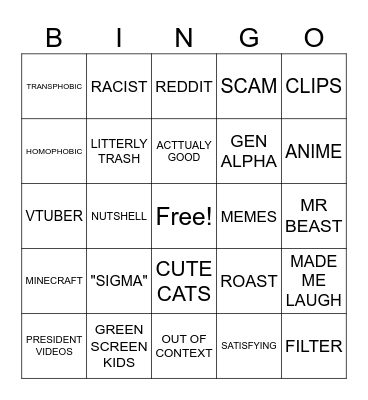 Shorts Bingo Card