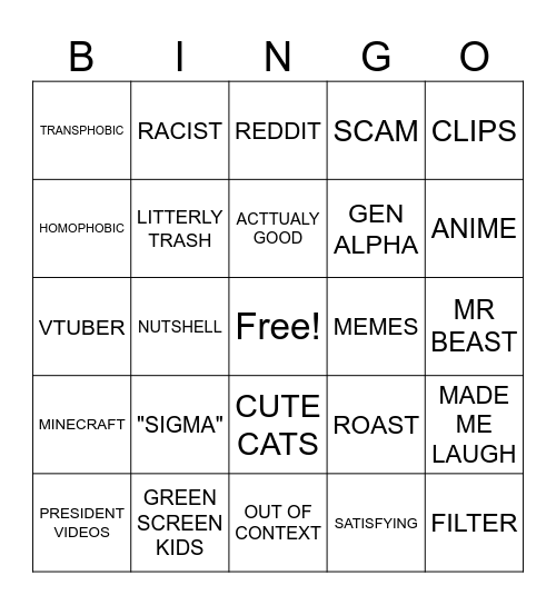 Shorts Bingo Card