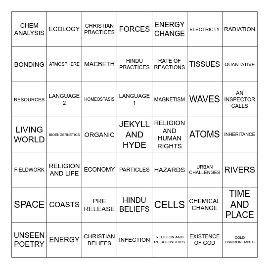 SCIENCE BINGO Card