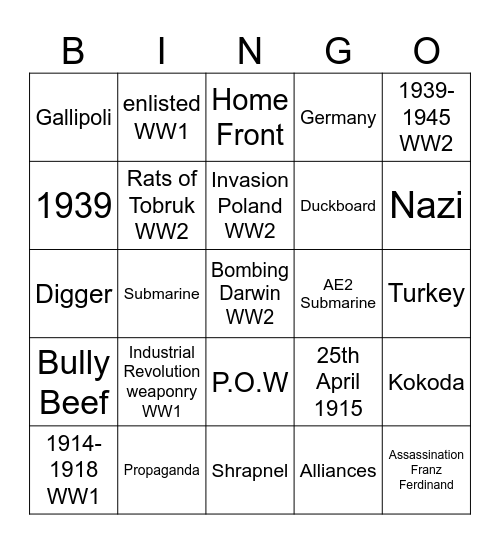 Australians at War Bingo Card