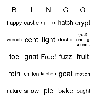 Spelling/Reading Rules Bingo Card