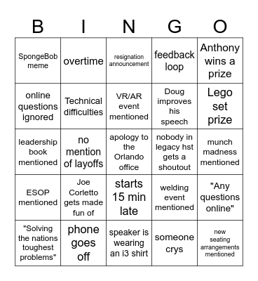 All Hands Bingo Card