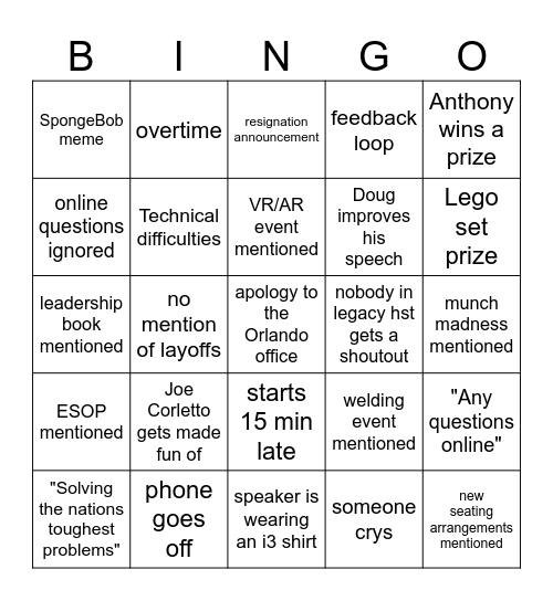 All Hands Bingo Card