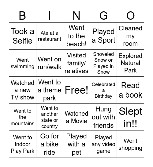 Spring Break BINGO Card