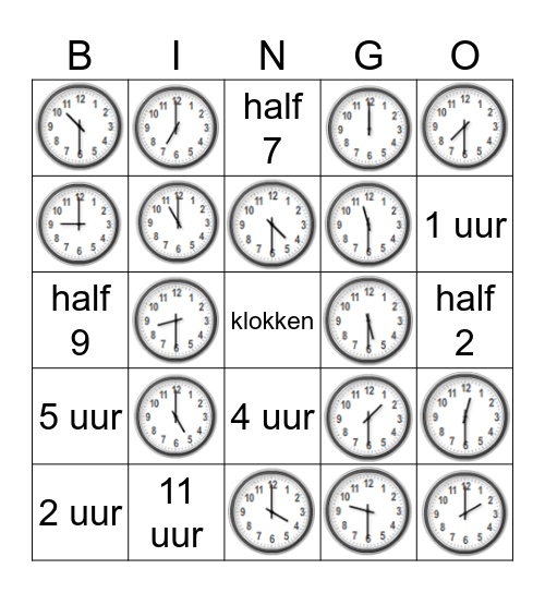 klokken hele en halve uren beeld en woord Bingo Card