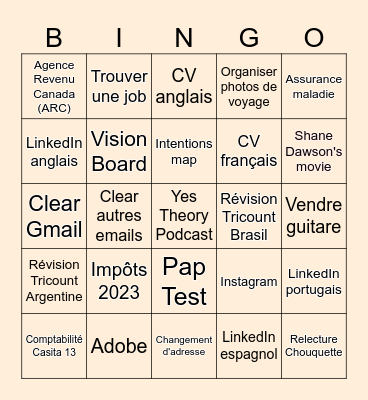 Productivity Bingo Card