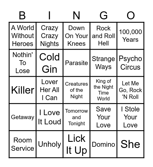 KISS Bingo Card