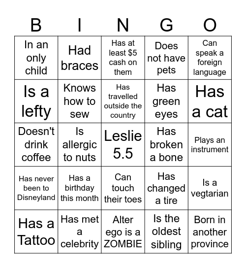 Let's get to know each other Bingo Card