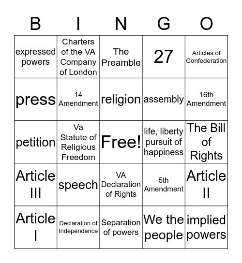 Constitution Bingo  Bingo Card