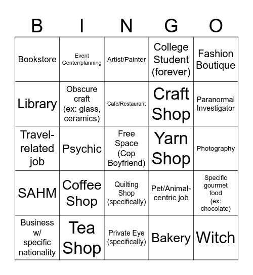 Cozy Mystery Protagonist's Job Bingo Card