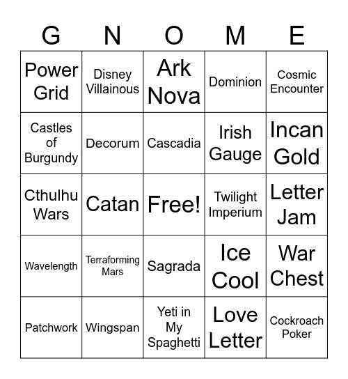 Gnome Bingo Card