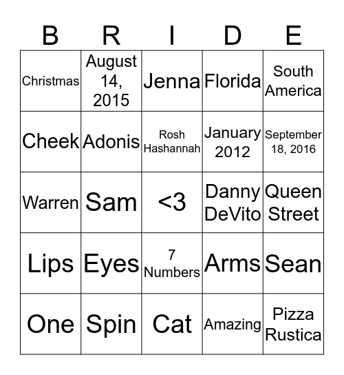 Bridal Shower Bingo! Bingo Card