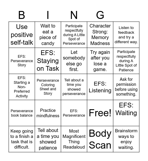 Patience and Perseverance Bingo Card