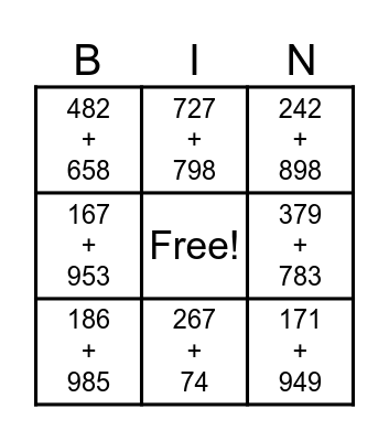 3-DIGIT ADDITION Bingo Card