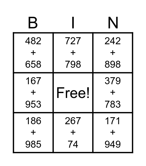 3-DIGIT ADDITION Bingo Card