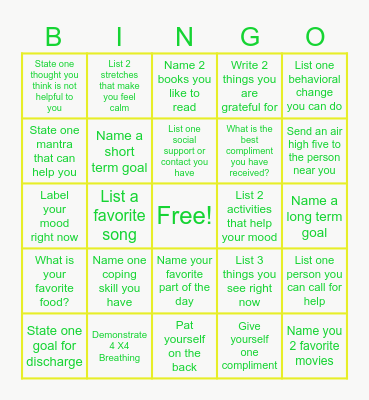 Mental Health Bingo Card