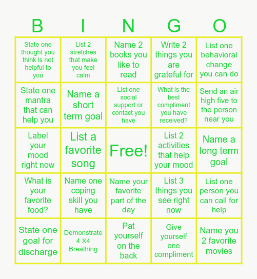 Mental Health Bingo Card