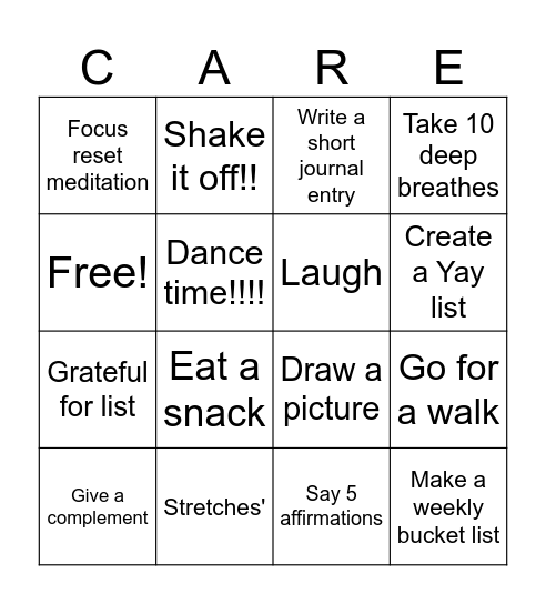 Selfcare Bingo Card