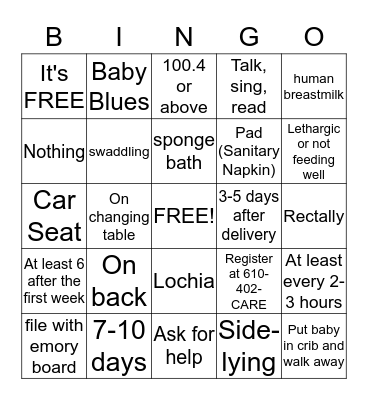 Baby Care and Postpartum (After Delivery) Bingo Card