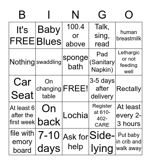 Baby Care and Postpartum (After Delivery) Bingo Card