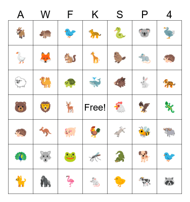 Animal World For Kids Bingo Card