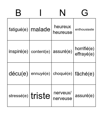 LES ÉMOTIONS (Emotions/Emojis) Bingo Card