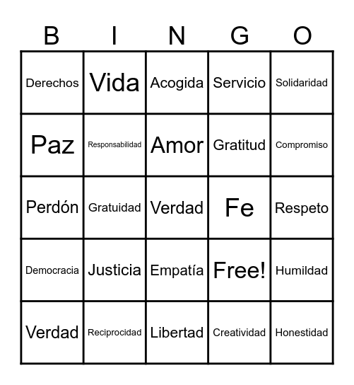 Valores humanos Bingo Card