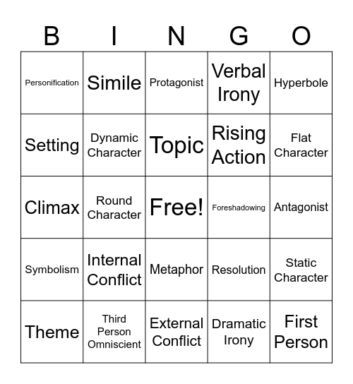 Short Story Bingo Card