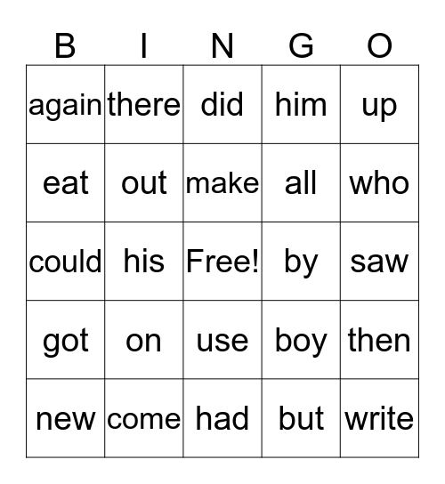 Sight Word Bingo Game Bingo Card