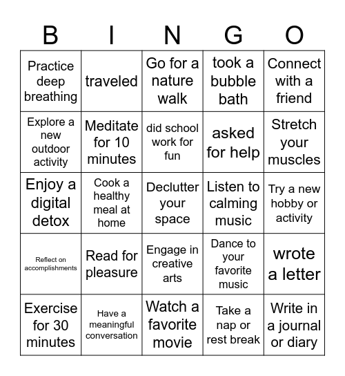 Self-Care Bingo Card