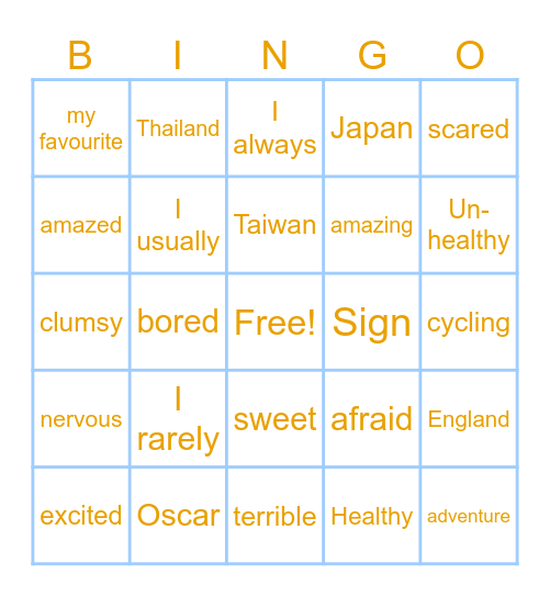 Adjectives and Conversation Bingo Card