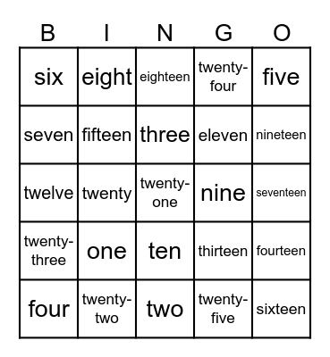 Number 1-25 Bingo Card